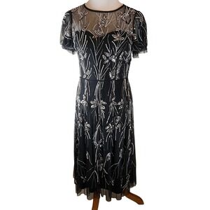 Aidan Mattox Black Beaded Embellished Midi Cocktail Dress Flutter Sleeve Size 2M